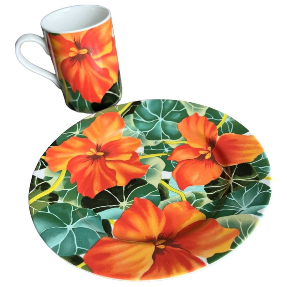 NWT ESSEX "Summer Garden" Salad Dessert Plate & Cup Artist Gerald Patrick Japan